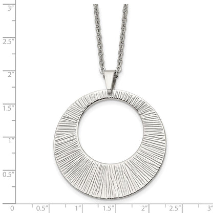 Stainless Steel Chisel Polished And Textured Circle Pendant On A 24 Inch Cable Chain Necklace