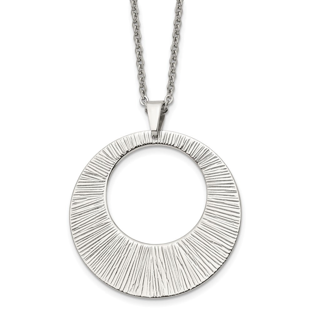 Stainless Steel Chisel Polished And Textured Circle Pendant On A 24 Inch Cable Chain Necklace