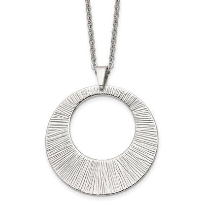 Stainless Steel Chisel Polished And Textured Circle Pendant On A 24 Inch Cable Chain Necklace