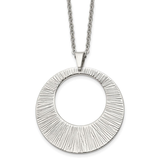Stainless Steel Chisel Polished And Textured Circle Pendant On A 24 Inch Cable Chain Necklace