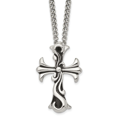 Stainless Steel Chisel Antiqued Polished And Textured Scroll Cross Pendant On A 22 Inch Curb Chain Necklace