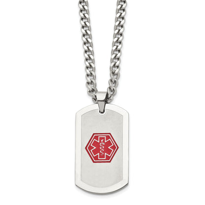 Stainless Steel Chisel Brushed And Polished With Red Enamel Medical Id Dog Tag On A 30 Inch Curb Chain Necklace