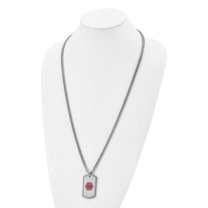 Stainless Steel Chisel Brushed And Polished With Red Enamel Medical Id Dog Tag On A 30 Inch Curb Chain Necklace