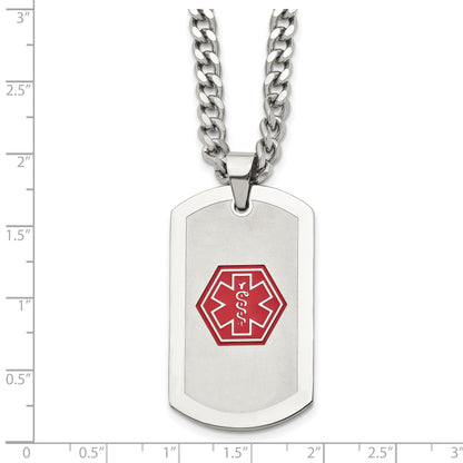 Stainless Steel Chisel Brushed And Polished With Red Enamel Medical Id Dog Tag On A 30 Inch Curb Chain Necklace