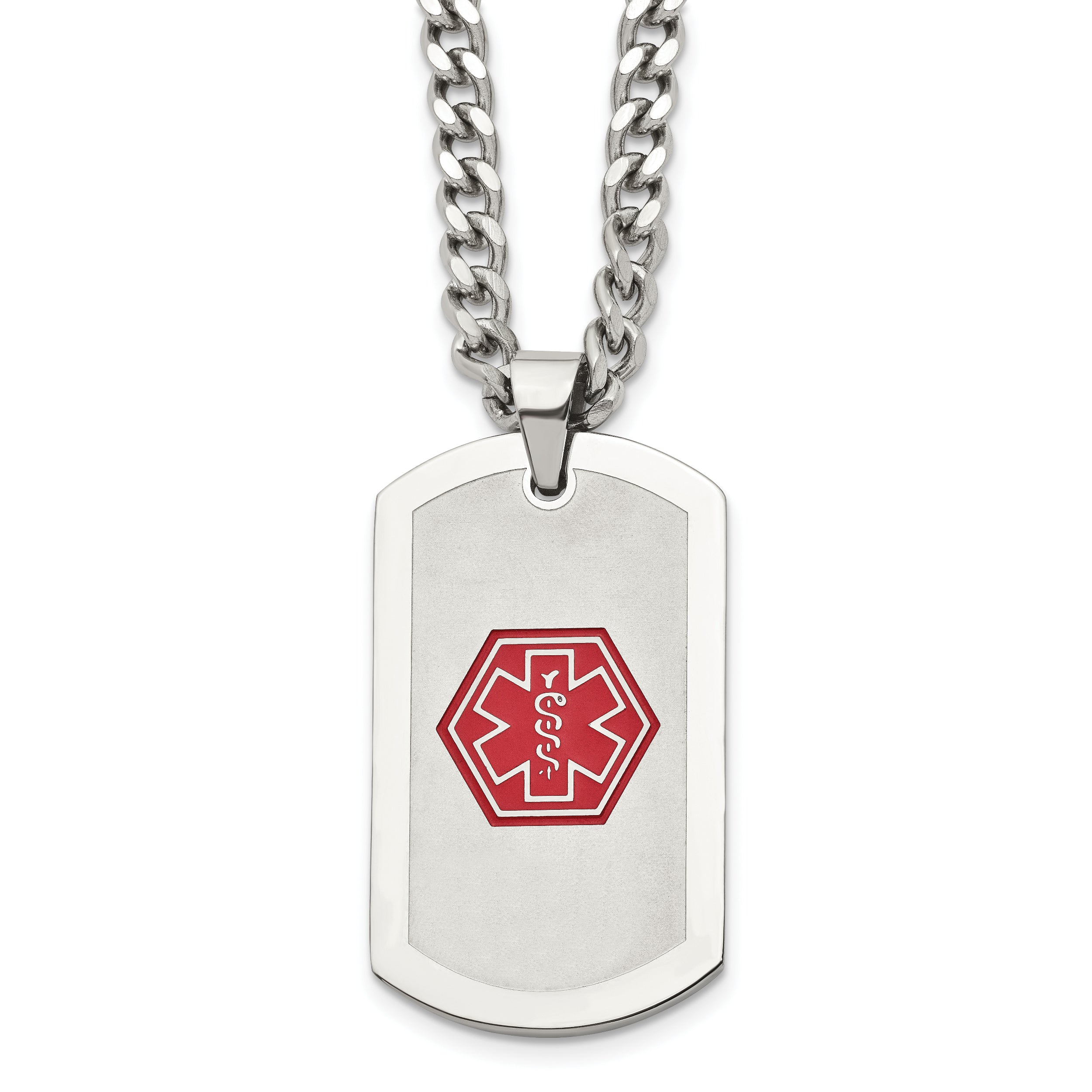 Stainless Steel Chisel Brushed And Polished With Red Enamel Medical Id Dog Tag On A 30 Inch Curb Chain Necklace