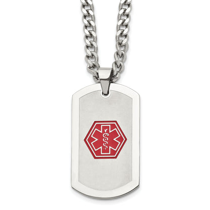 Stainless Steel Chisel Brushed And Polished With Red Enamel Medical Id Dog Tag On A 30 Inch Curb Chain Necklace