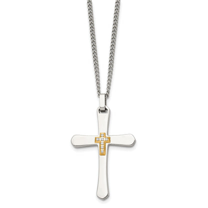 Stainless Steel Chisel Polished With 14K Gold Accent 1/15 Carat Diamond Cross Pendant On A 22 Inch Curb Chain Necklace