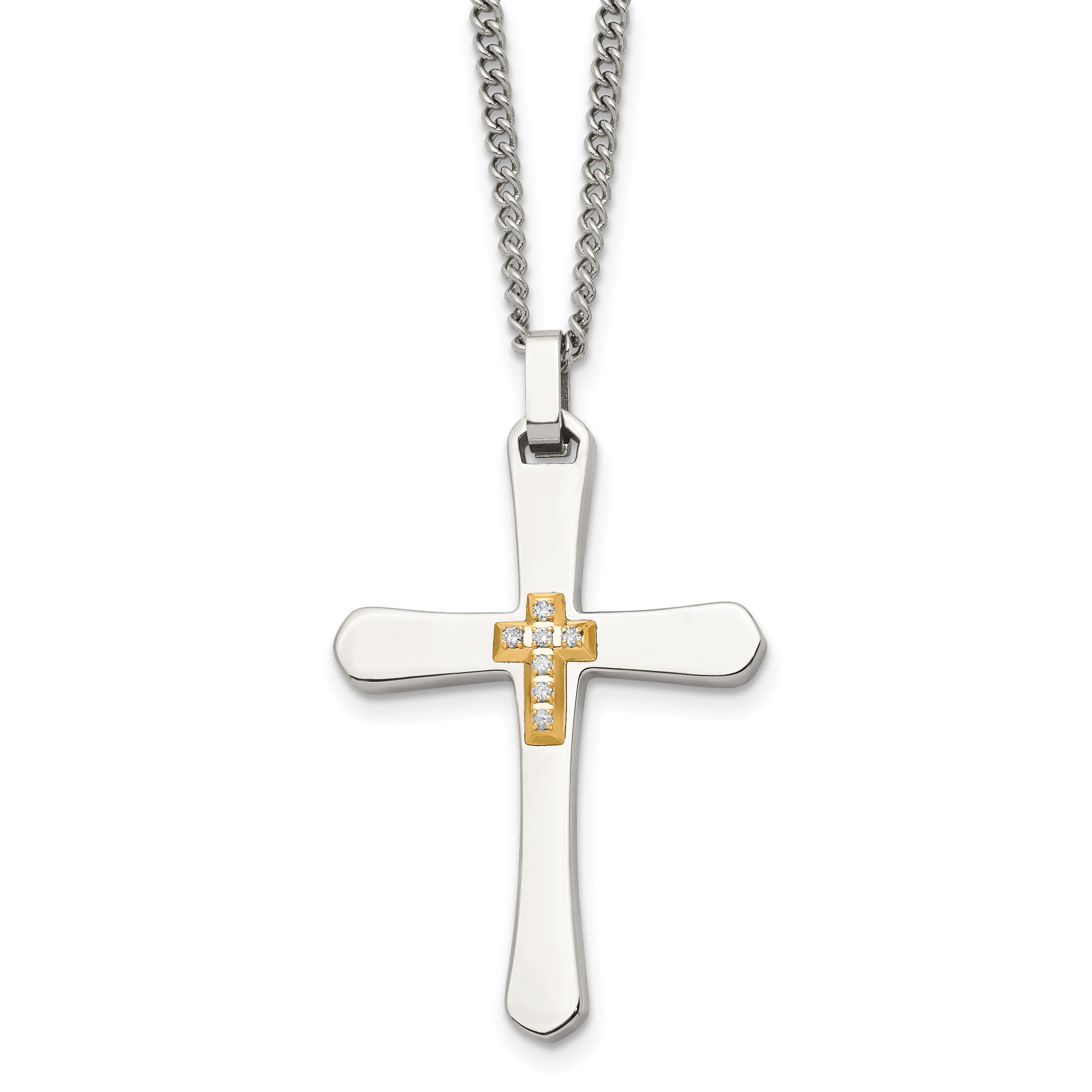 Stainless Steel Chisel Polished With 14K Gold Accent 1/15 Carat Diamond Cross Pendant On A 22 Inch Curb Chain Necklace