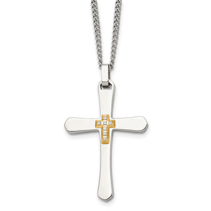 Stainless Steel Chisel Polished With 14K Gold Accent 1/15 Carat Diamond Cross Pendant On A 22 Inch Curb Chain Necklace