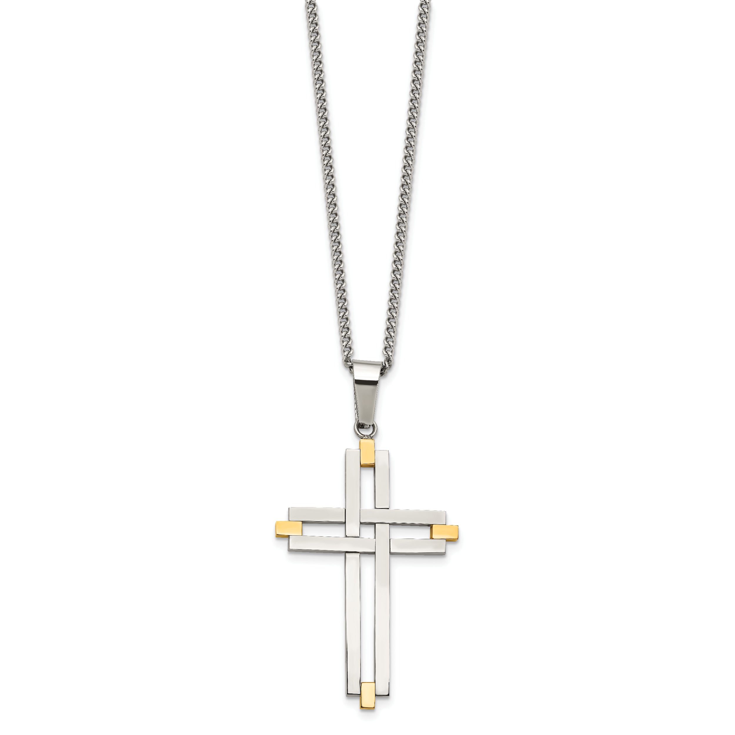 Stainless Steel Chisel Polished Yellow Ip-Plated Cross Pendant On A 22 Inch Curb Chain Necklace