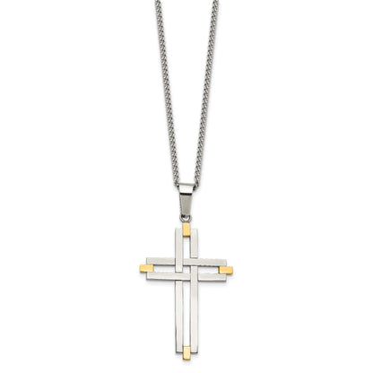 Stainless Steel Chisel Polished Yellow Ip-Plated Cross Pendant On A 22 Inch Curb Chain Necklace
