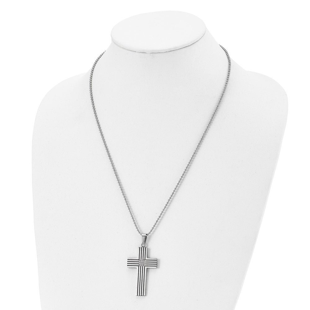 Stainless Steel Chisel Polished Black Ip-Plated 1/20 Carat Diamond Striped Cross Pendant On A 22 Inch Ball Chain Necklace