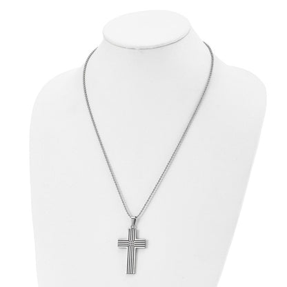 Stainless Steel Chisel Polished Black Ip-Plated 1/20 Carat Diamond Striped Cross Pendant On A 22 Inch Ball Chain Necklace