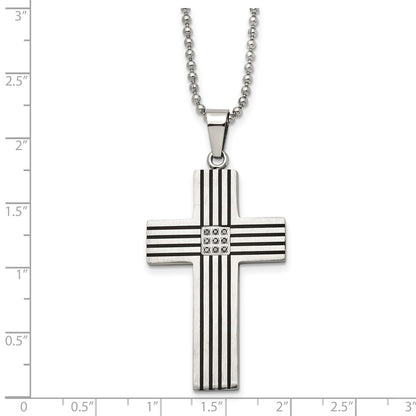 Stainless Steel Chisel Polished Black Ip-Plated 1/20 Carat Diamond Striped Cross Pendant On A 22 Inch Ball Chain Necklace