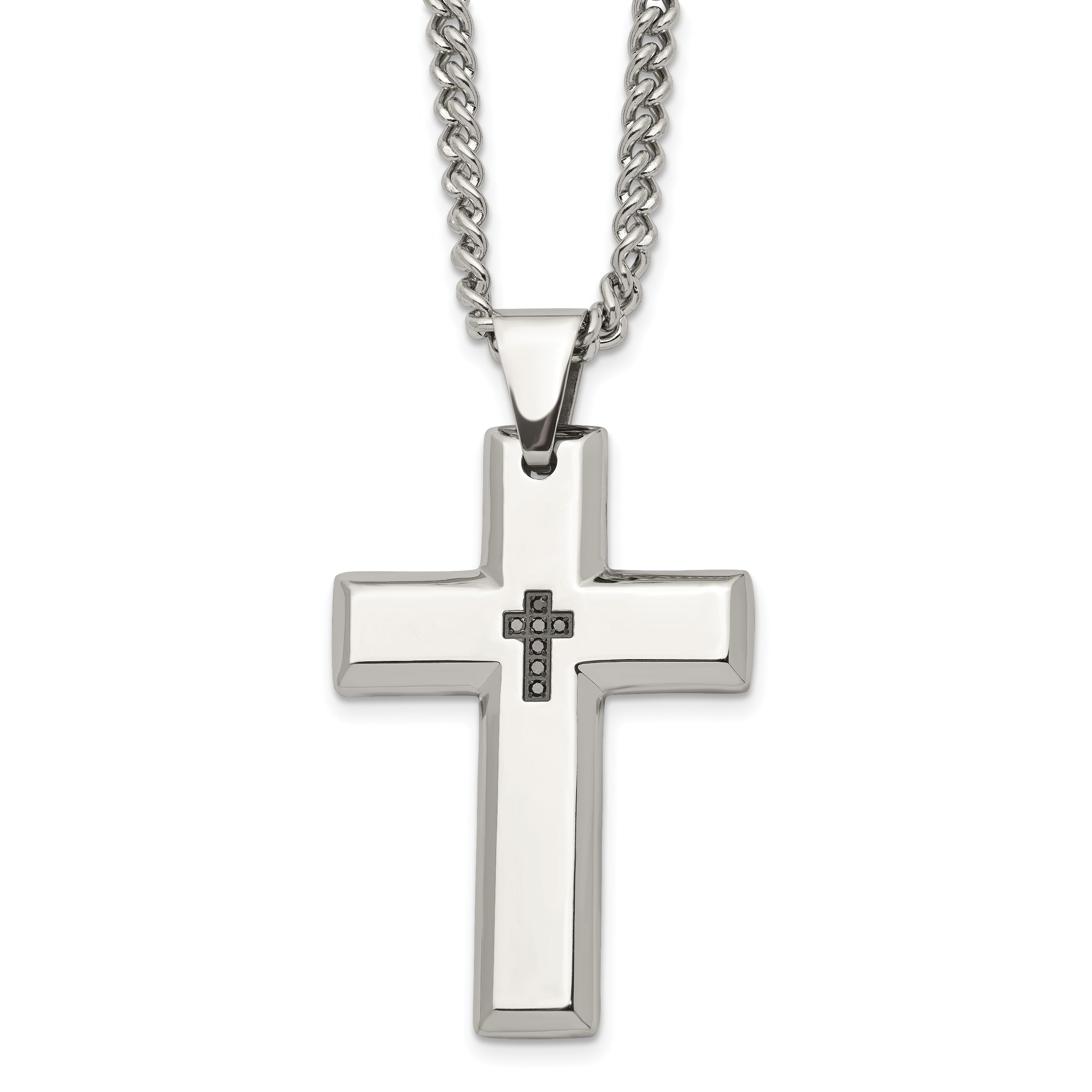 Stainless Steel Chisel Polished 1/10 Carat Black Diamond Cross Pendant On A 22 Inch Curb Chain Necklace