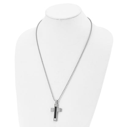 Stainless Steel Chisel Polished Black Ip-Plated Cable 1/20 Carat Diamond Cross Pendant Ona 24 Inch Ball Chain Necklace