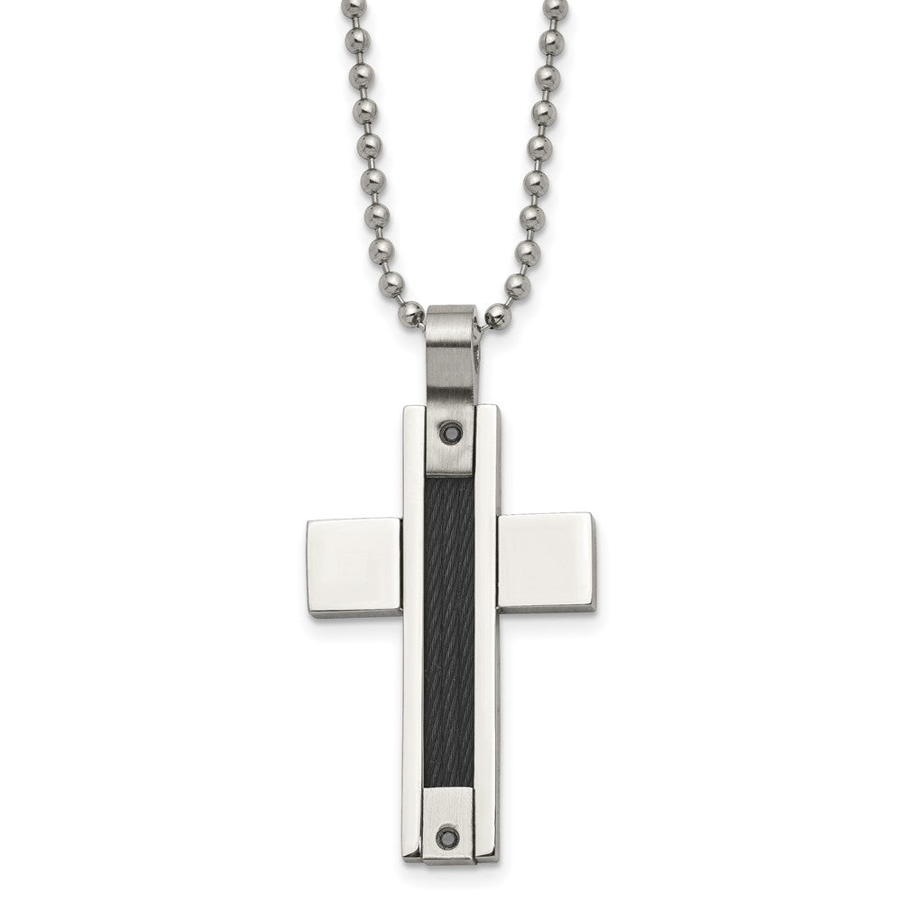Stainless Steel Chisel Polished Black Ip-Plated Cable 1/20 Carat Diamond Cross Pendant Ona 24 Inch Ball Chain Necklace
