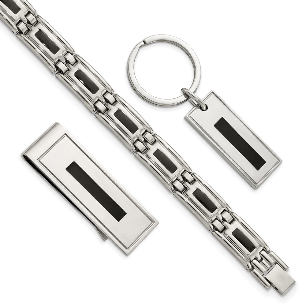 8.50 Inch Chisel Stainless Steel Enameled Bracelet, Money Clip And Key Ring Set