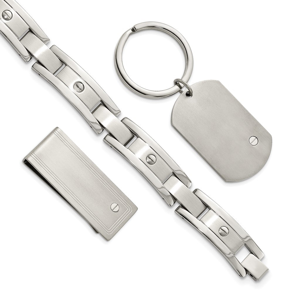 Stainless Steel Chisel Brushed And Polished 8.25 Inch Bracelet, Money Clip Key Ring Set
