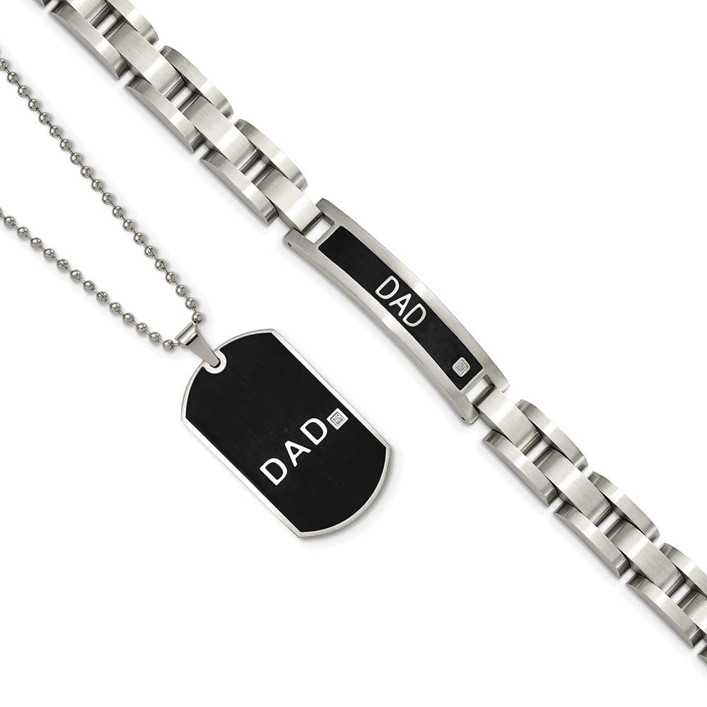 Stainless Steel Chisel Brushed Black Ip-Plated With Cz Dad 8.75 Inch Bracelet And 24 Necklace Set