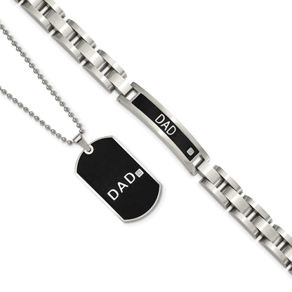 Stainless Steel Chisel Brushed Black Ip-Plated With Cz Dad 8.75 Inch Bracelet And 24 Necklace Set