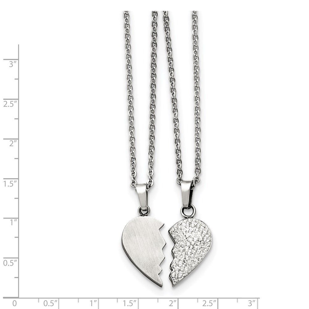 20.00 Inch Chisel Stainless Steel 1/2 Heart Brushed And Crystal Pendants On 20 Cable Chain Necklace Set