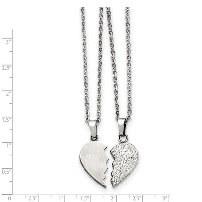 20.00 Inch Chisel Stainless Steel 1/2 Heart Brushed And Crystal Pendants On 20 Cable Chain Necklace Set