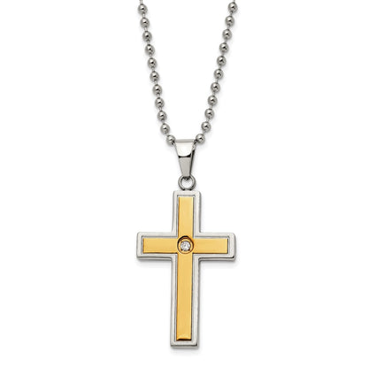 Stainless Steel Chisel Polished And Matte Yellow Ip-Plated With Cz 24 Inchnecklace 8.5 Inch Bracelet Set