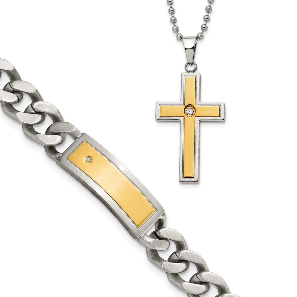 Stainless Steel Chisel Polished And Matte Yellow Ip-Plated With Cz 24 Inchnecklace 8.5 Inch Bracelet Set