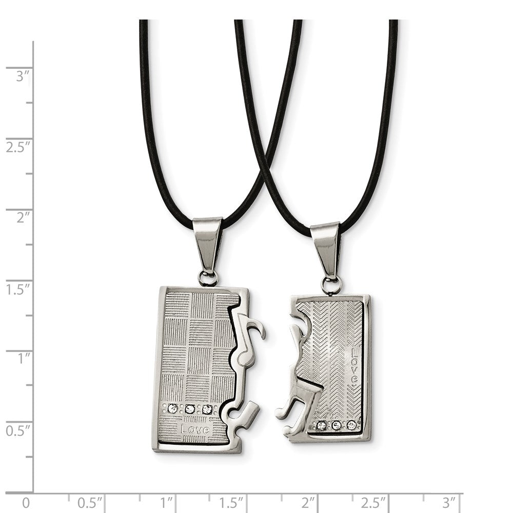 Stainless Steel Chisel Brushed And Polished With Cz Love Music Pendants On 20 In Leather Cord Necklace Set