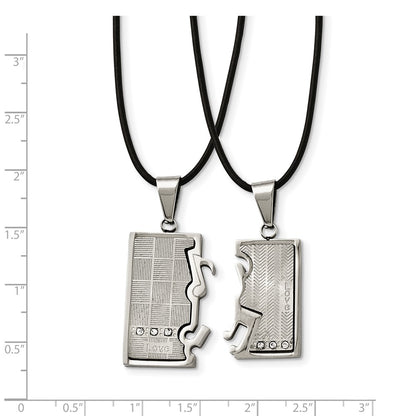 Stainless Steel Chisel Brushed And Polished With Cz Love Music Pendants On 20 In Leather Cord Necklace Set