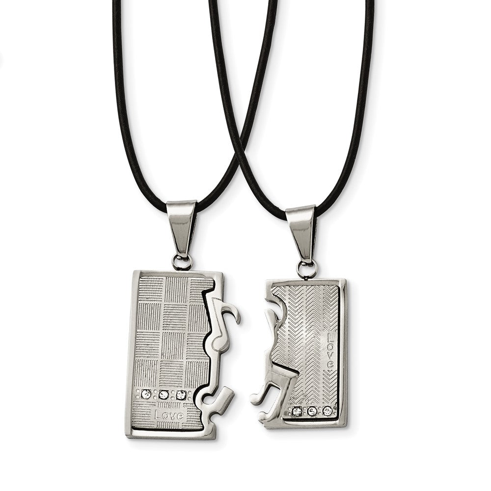 Stainless Steel Chisel Brushed And Polished With Cz Love Music Pendants On 20 In Leather Cord Necklace Set