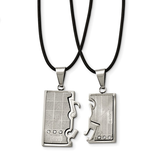 Stainless Steel Chisel Brushed And Polished With Cz Love Music Pendants On 20 In Leather Cord Necklace Set