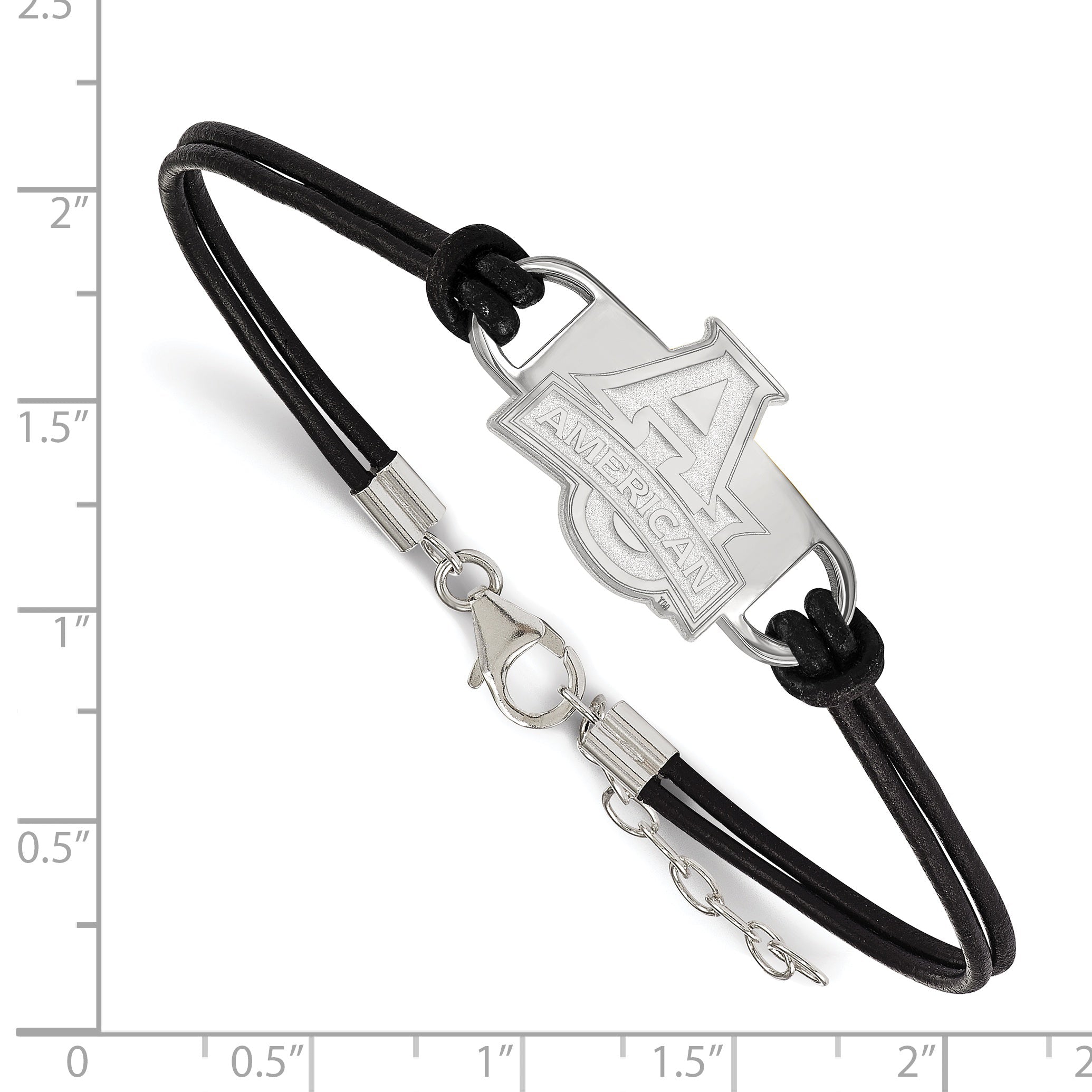 Sterling Silver Rhodium Plated Logoart American University Small Center Black Leather 7 Inch Bracelet With Extender