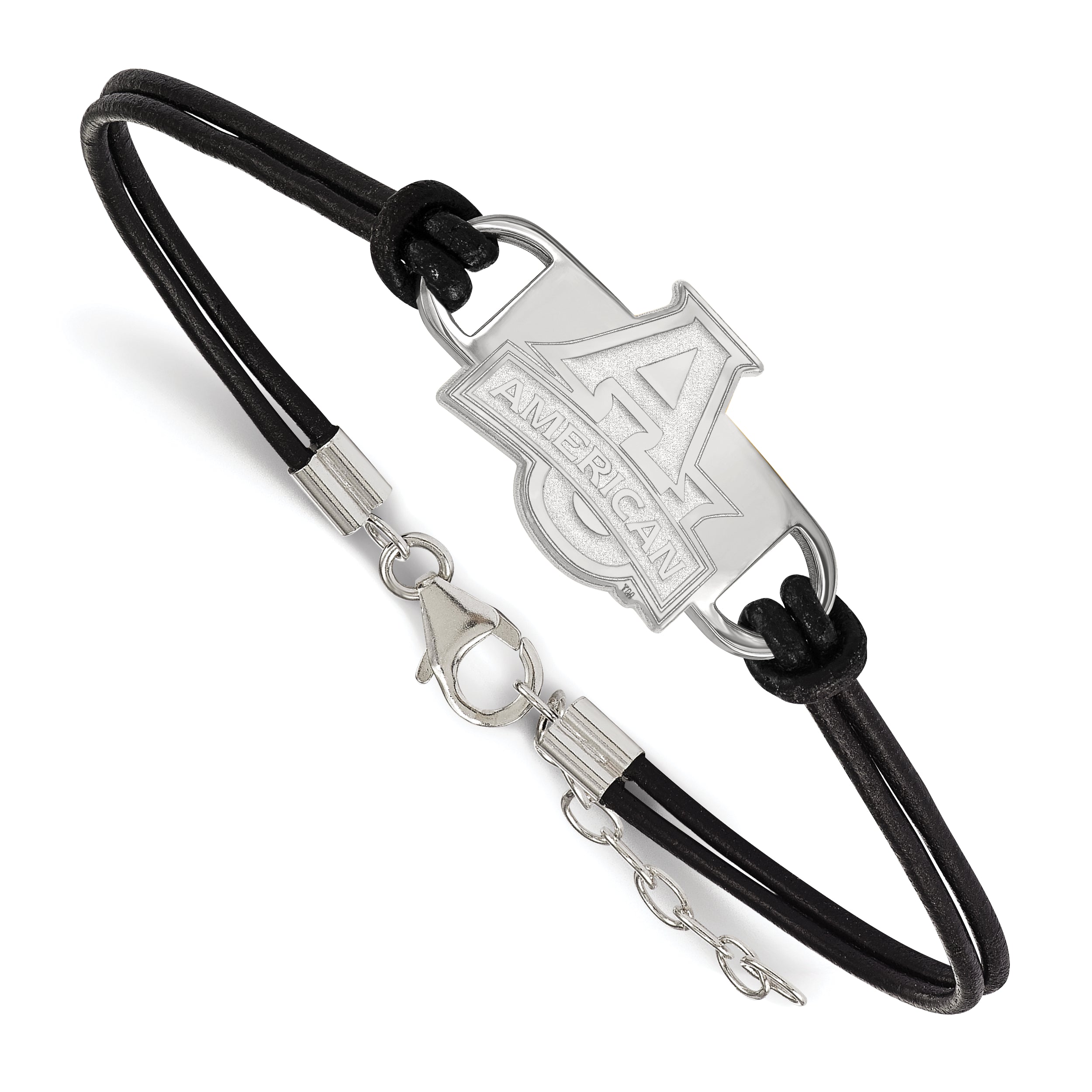 Sterling Silver Rhodium Plated Logoart American University Small Center Black Leather 7 Inch Bracelet With Extender