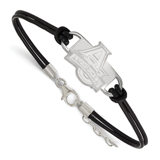 Sterling Silver Rhodium Plated Logoart American University Small Center Black Leather 7 Inch Bracelet With Extender
