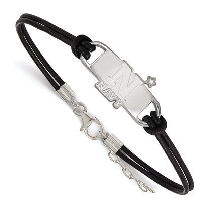 Sterling Silver Rhodium Plated Logoart Us Naval Academy Small Center Black Leather 7 Inch Bracelet With Extender