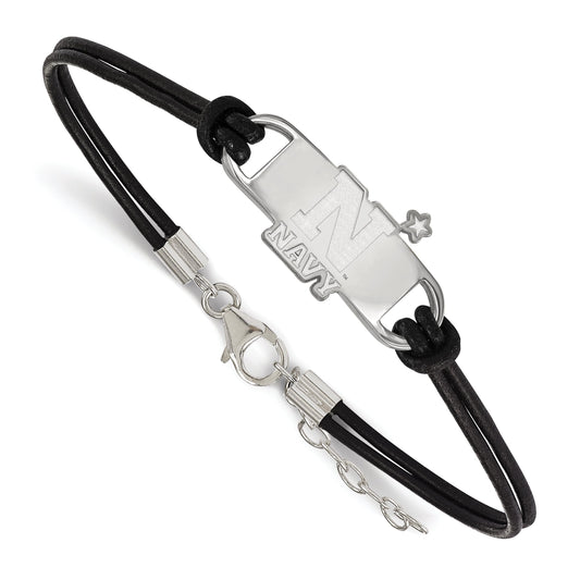 Sterling Silver Rhodium Plated Logoart Us Naval Academy Small Center Black Leather 7 Inch Bracelet With Extender