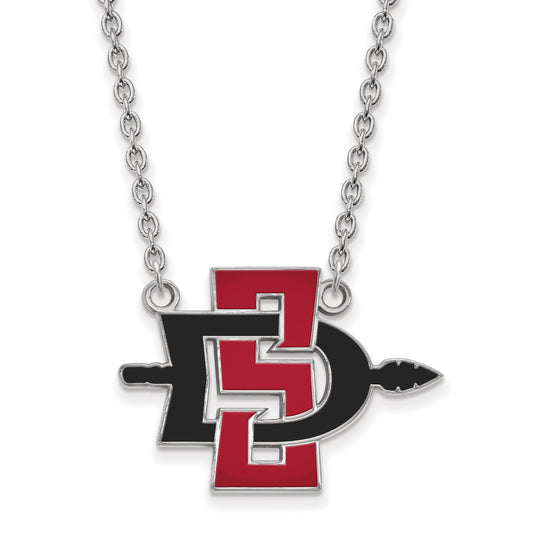 Sterling Silver Rhodium Plated Logoart San Diego State University Large Enameled Pendant 18 Inch Necklace