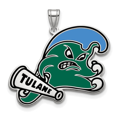 Sterling Silver Rhodium Plated Logoart Tulane University Extra Large Enameled Pendant