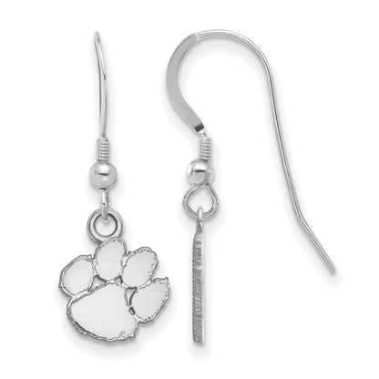 Sterling Silver Rhodium Plated Logoart Clemson University Tiger Paw Extra Small Dangle Wire Earrings