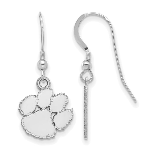 Sterling Silver Rhodium Plated Logoart Clemson University Tiger Paw Small Dangle Wire Earrings