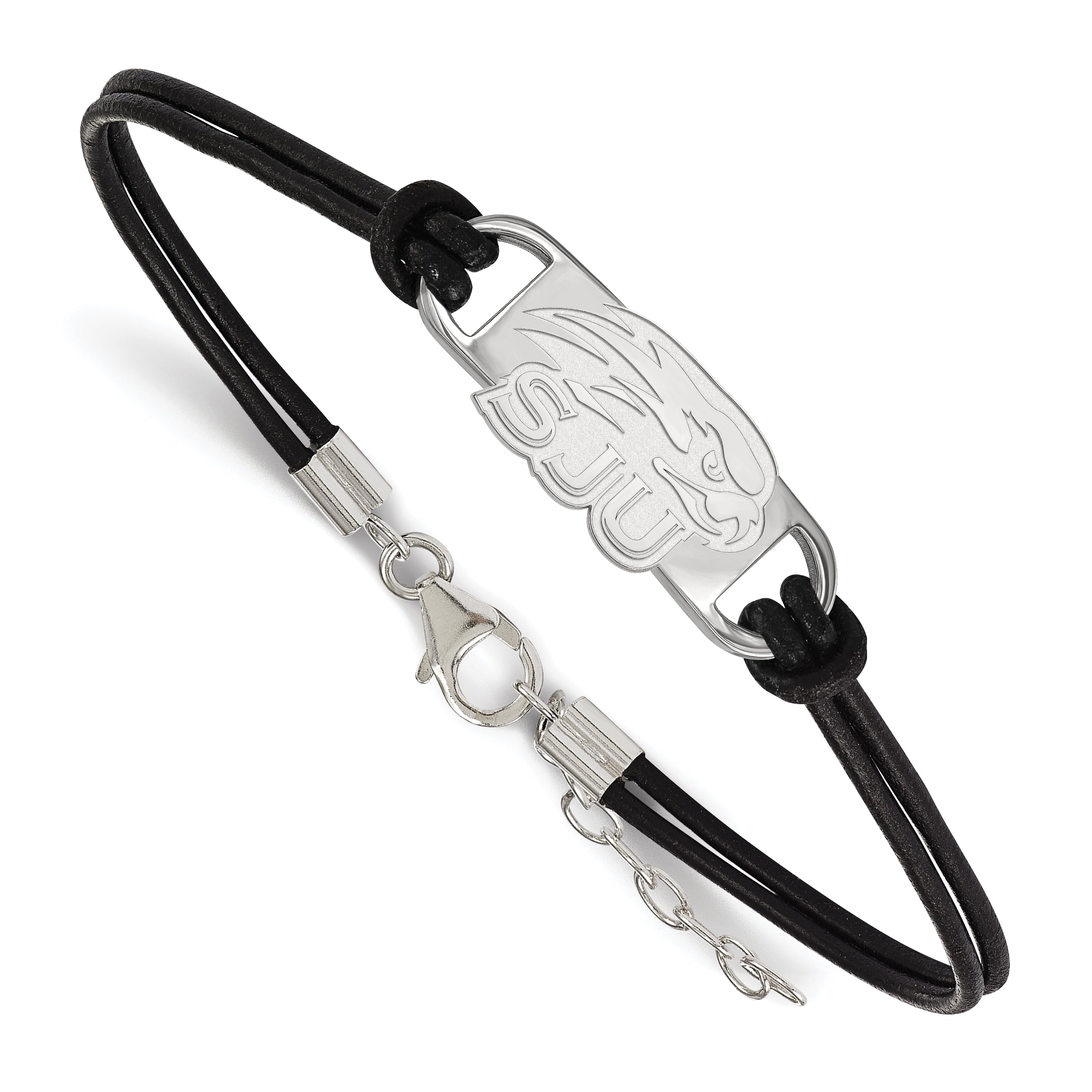 Sterling Silver Rhodium Plated Logoart Saint Joseph'S University Hawks Small Center Black Leather 7 Inch Bracelet With Extender
