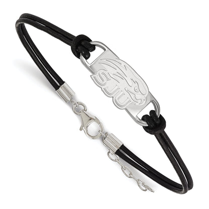 Sterling Silver Rhodium Plated Logoart Saint Joseph'S University Hawks Small Center Black Leather 7 Inch Bracelet With Extender
