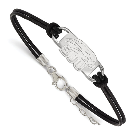 Sterling Silver Rhodium Plated Logoart Saint Joseph'S University Hawks Small Center Black Leather 7 Inch Bracelet With Extender