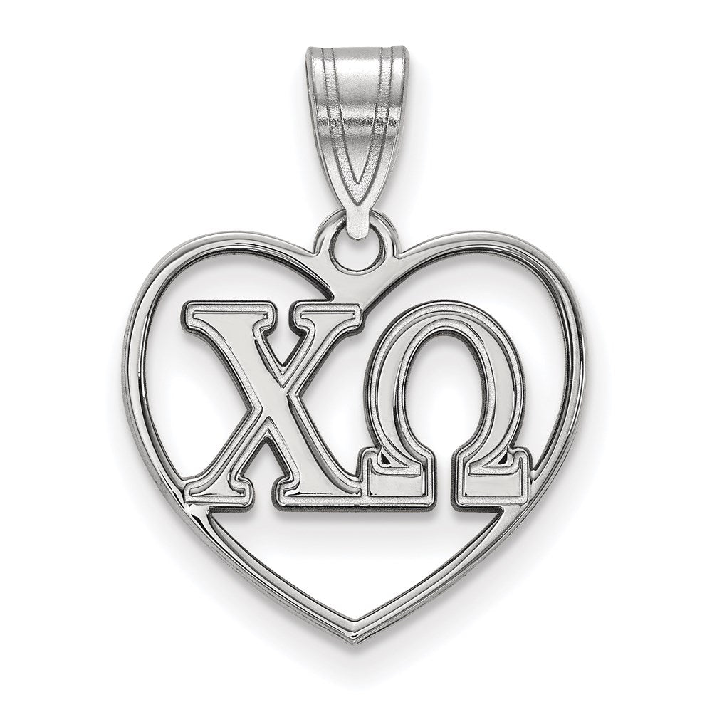 Sterling Silver Rhodium Plated Logoart Chi Omega Sorority Greek Letters Heart Pendant