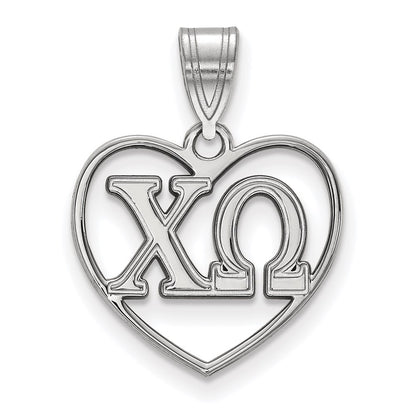 Sterling Silver Rhodium Plated Logoart Chi Omega Sorority Greek Letters Heart Pendant
