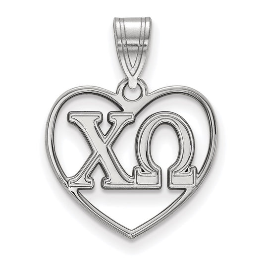 Sterling Silver Rhodium Plated Logoart Chi Omega Sorority Greek Letters Heart Pendant