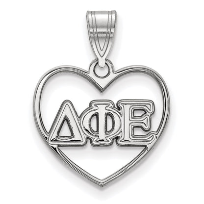 Sterling Silver Rhodium Plated Logoart Delta Phi Epsilon Sorority Greek Letters Heart Pendant