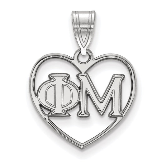 Sterling Silver Rhodium Plated Logoart Phi Mu Sorority Greek Letters Heart Pendant